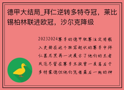 德甲大结局_拜仁逆转多特夺冠，莱比锡柏林联进欧冠，沙尔克降级