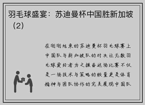 羽毛球盛宴：苏迪曼杯中国胜新加坡（2）