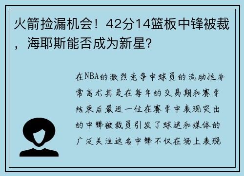 火箭捡漏机会！42分14篮板中锋被裁，海耶斯能否成为新星？